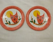 Free ship vintage 2 pieces OWL orange cool Childs tea coffee set tin litho plates cooking kitchen play set 1960s