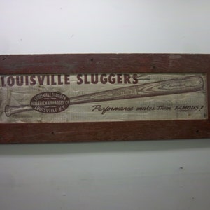 Free Ship Louisville Slugger baseball bat sign framed in vintage barnwood from minnesota barn 1960s