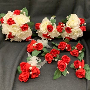 READY TO SHIP Red & White Roses, Beads Wedding Bouquet Set, Brides Bouquet,2 Bridesmaid, Groom 2 Groomsmen 2 Mother 2 Father Silk Flowers