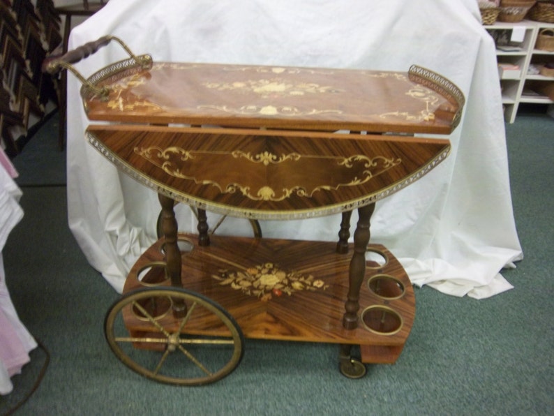 Vintage Mid Century Modern Italian bar Cart inlaid wood tea Etsy