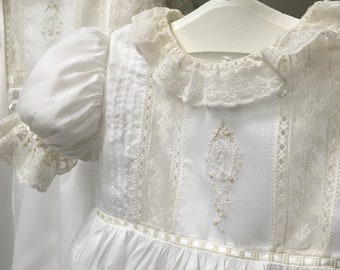 French Handsewn Toddler Gown with Hand Embroidery and Shaped-Lace Medallion, Flower Girl Gown, Portrait Gown