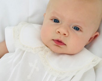French Handsewn Baby Boy Dedication Gown with SHORT Sleeve, Baptism Gown, French Construction Tecniques, Hand-Embroidery and Tucks