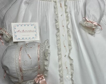 French Handsewn Tucked and Hand Embroidered Front Opening Daygown with Matching Bonnet
