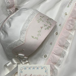 Hand-Embroidered French Handsewn Swiss Batiste Daygown, Bonnet & Slip