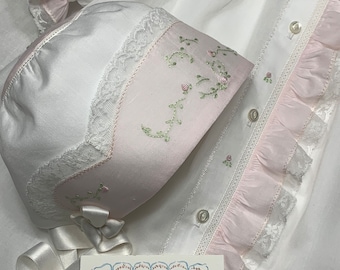 Hand-Embroidered French Handsewn Swiss Batiste Daygown, Bonnet & Slip