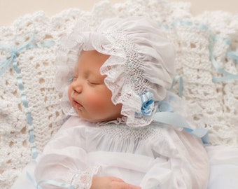 French Handsewn Daygown Slip and Bonnet, Clara Catherine's Homecoming Ensemble, Smocked and Hand Embroidered, Monogrammed, French Constructi