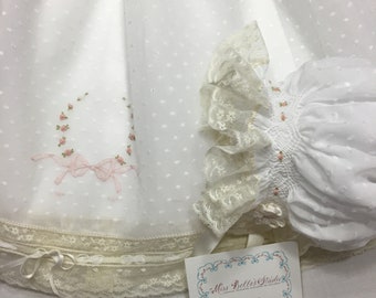French Handsewn Smocked Bishop and Bonnet Set,  Homecoming Set, First Portrait Gown and Bonnet