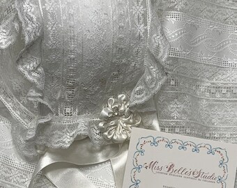 French Handsewn Hand-Embroidered Round Yoke Christening Gown, Bonnet & Slip