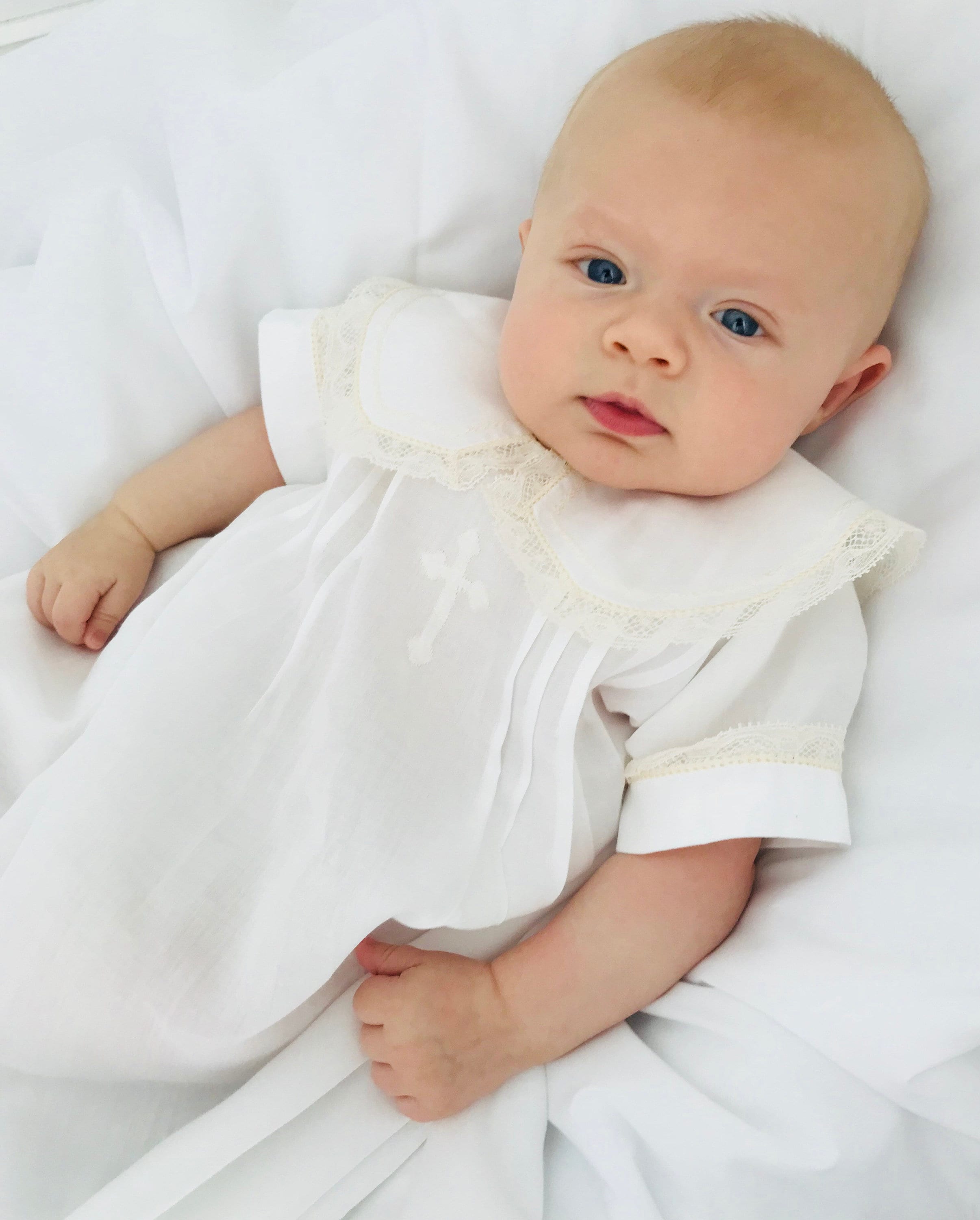 French Handsewn Baby Boy Dedication Gown With Short Sleeve, Baptism Gown, Construction Tecniques, Hand-Embroidery & Tucks