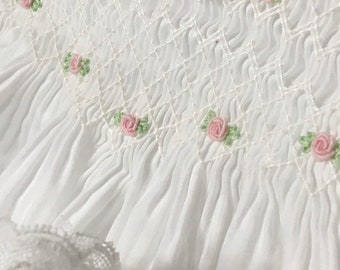 French Handsewn Fully Smocked Bodice In Swiss Batiste DayGown & Bonnet