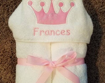 Personalized Pink & White Princess Crown Hooded Towel