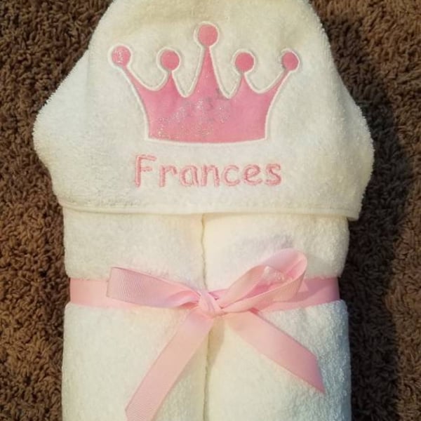 Personalized Pink & White Princess Crown Hooded Towel