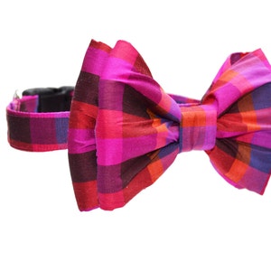 Plaid dog bow colla,Hot Pink Bow Tie, Pink Wedding Dog bow, Birthday Dog Collar