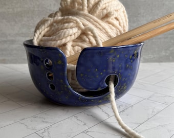 Cobalt Blue Ceramic Yarn Bowl, Knitting Crochet Organizer