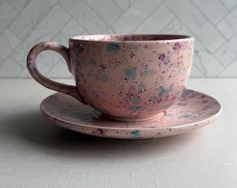 Latte Cup and Saucer Set, Terra Blush Ceramic Mug, Coffee Lover Gift