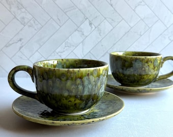 Handmade Latte Cup and Saucer Set in Emerald Drip, Large 18oz Mug, Green Drip Coffee Gift