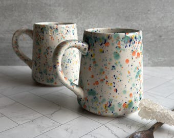 Confetti Ceramic Mug, Splatter Glaze Earthenware, Single or Set of 2, Colorful Kitchen Gift for Her