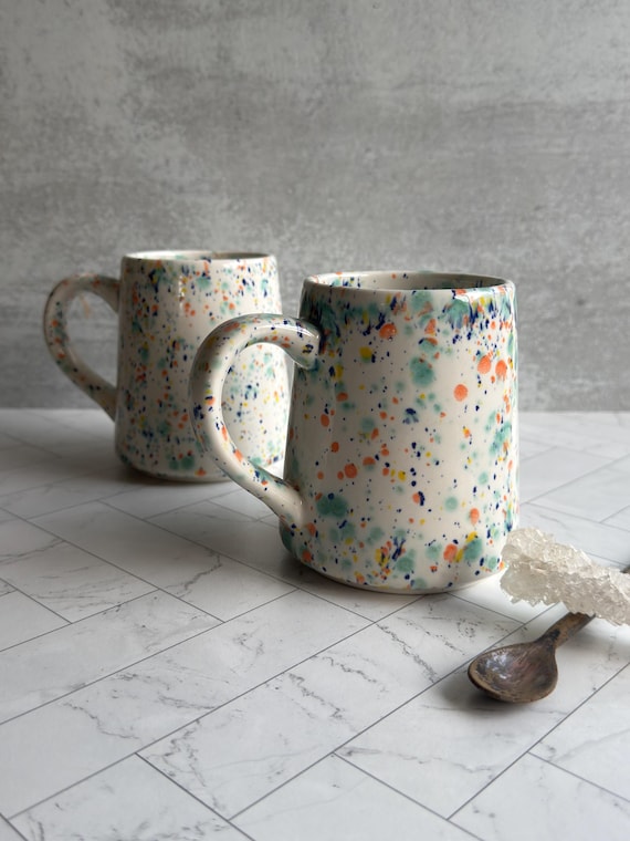 Confetti Ceramic Mug, Splatter Glaze Earthenware, Single or Set of 2, Colorful Kitchen Gift for Her