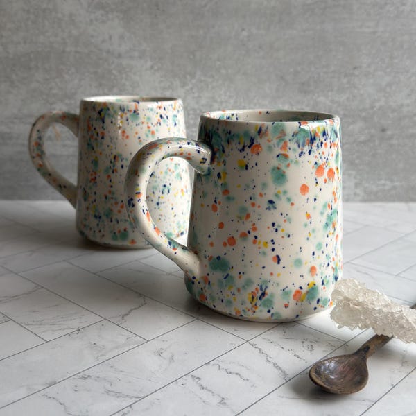 Confetti Ceramic Mug, Splatter Glaze Earthenware, Single or Set of 2, Colorful Kitchen Gift for Her