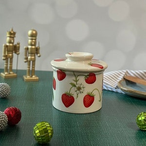 french butter keeper, ceramic lidded butter dish, strawberry butter crock