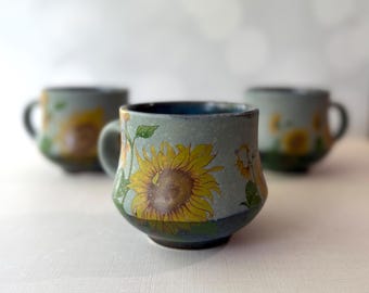 Handmade Sunflower Stoneware Mug, Rustic Farmhouse Decor