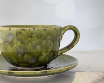 Handmade Ceramic Coffee cup and saucer green emerald drip