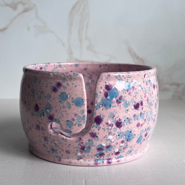 Pink Ceramic Yarn Bowl, Terra Blush, Handmade for Knitting and Crochet, Fishhook Slot