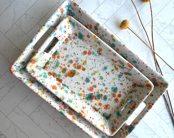 Confetti Splatter Ceramic Tray, Colorful Earthenware Platter with Handles, Charcuterie Board, Boho Kitchen