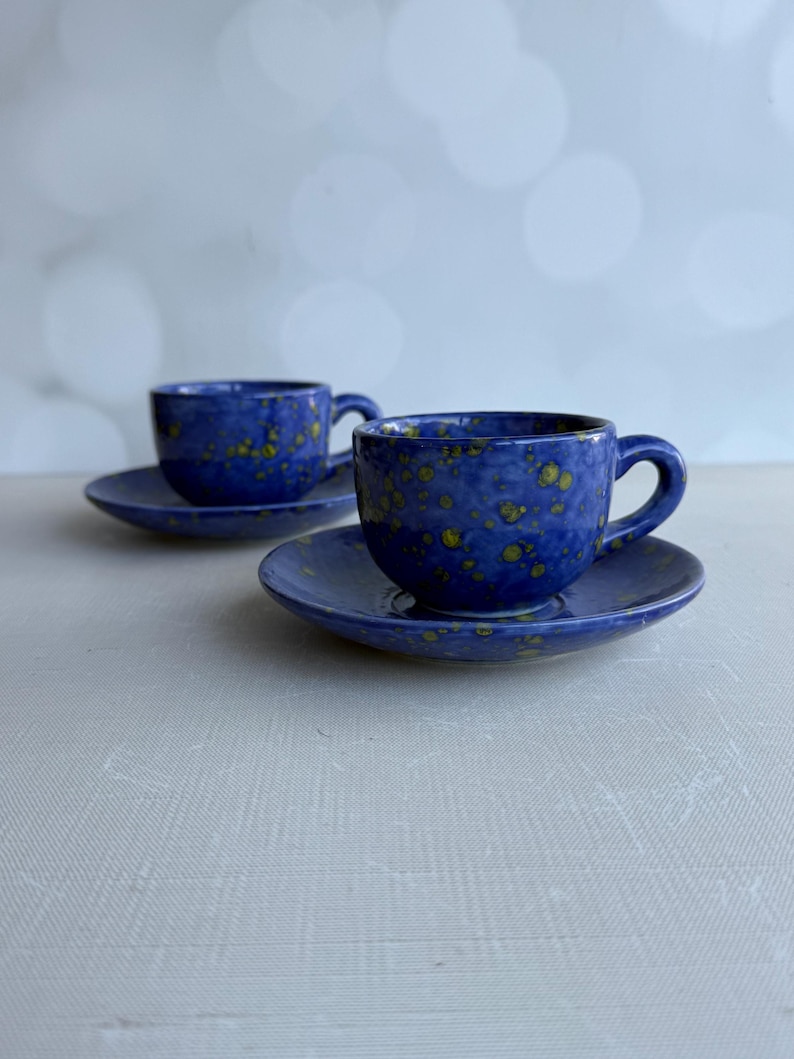 Set of two espresso cups, Blue Espresso Cup with Saucer, Ceramic Coffee Cups, Coffee Lover Gift