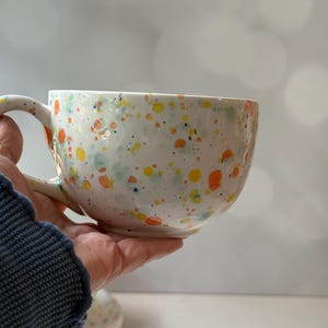 Latte Cup and Saucer in fruity freckels , large ceramic mug, 18oz , earthenware