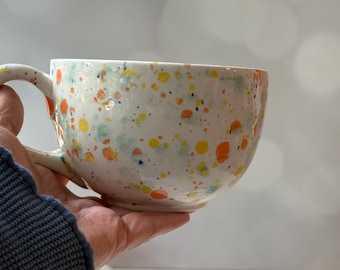 Latte Cup and Saucer in fruity freckels , large ceramic mug, 18oz , earthenware