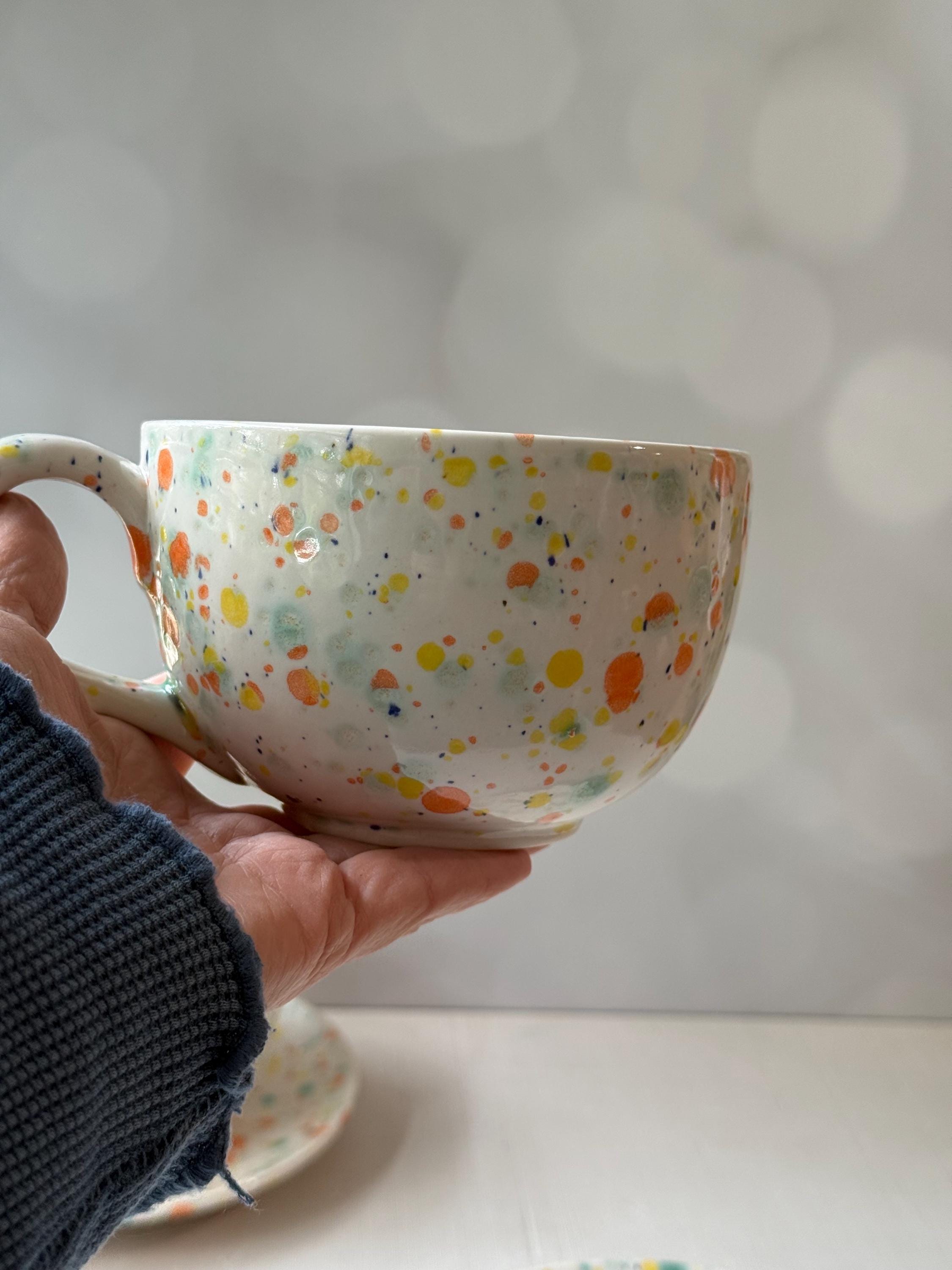 Latte Cup and Saucer in fruity freckels , large ceramic mug, 18oz , earthenware