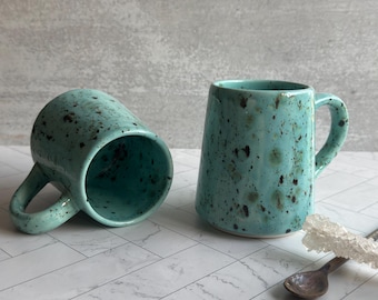 Ceramic Coffee Mug, Turquoise Speckled Pottery Cup, 16 oz Artisan Mug, Rustic Kitchen Drinkware, Coffee Lover Gift