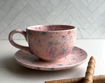 Handmade Pink Pixie Latte Cup and Saucer Set, Large 18oz Ceramic Mug, Fun Coffee Lover Gift