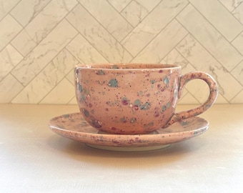 Latte Cup and Saucer in pink pixie , large ceramic mug, 18oz , earthenware