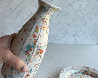 Confetti Ceramic Oil Cruet & Dipping Plate — Handmade Earthenware Kitchen Set, Housewarming Gift