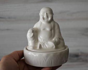 Laughing Buddha Ceramic Stash Box: Bisque Trinket Box