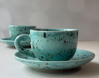 Set of two espresso cups, Turquoise Espresso Cup with Saucer, Ceramic Coffee Cups, Coffee Lover Gift