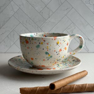 Latte Cup and Saucer in fruity freckels , large ceramic mug, 18oz , earthenware