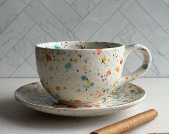 Latte Cup and Saucer in fruity freckels , large ceramic mug, 18oz , earthenware