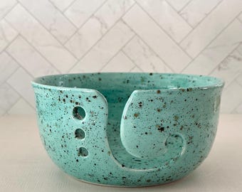 Large Ceramic Yarn Bowl, Patina Speckle, Handmade for Knitting and Crochet, Fishhook Slot
