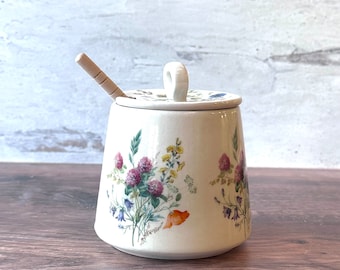 Wildflower Ceramic Honey Pot with Dipper — Floral Jar, Wooden Stick, Cottagecore Kitchen Gift
