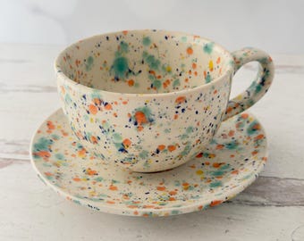 Handmade latte Mug, White Confetti, 18oz Cup With Saucer