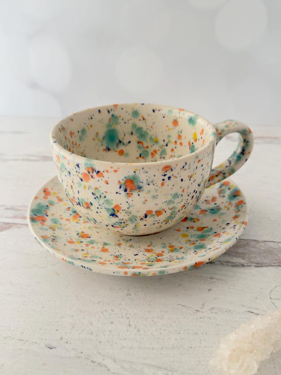 Handmade latte Mug, White Confetti, 18oz Cup With Saucer