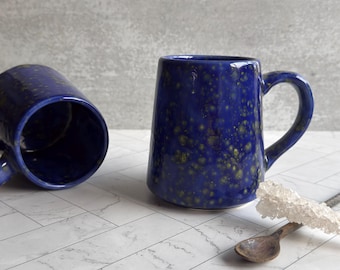 Hand Glazed Earthenware Coffee Mug, Cobalt Blue Gold Speckled Ceramic, Single or Set of 2