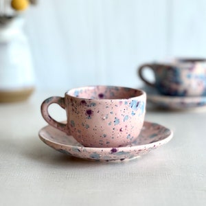 Pink pixie Set of two espresso cups, Espresso Cup with Saucer, Ceramic Coffee Cups, Coffee Lover Gift image 1