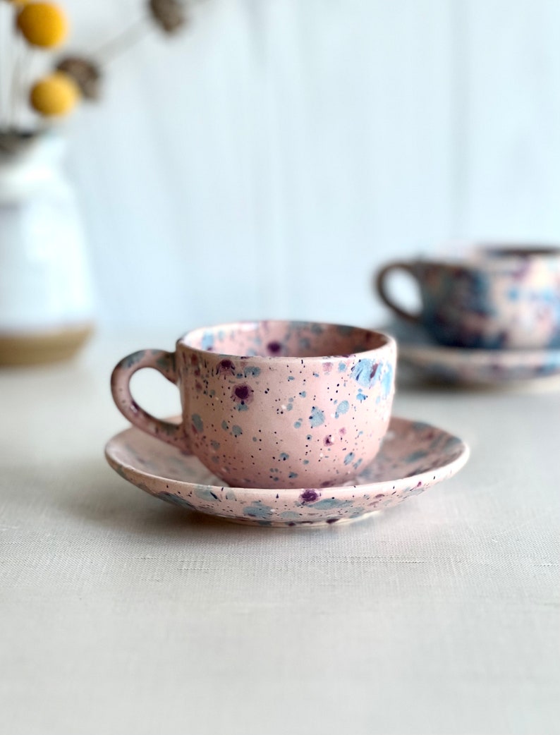 Pink pixie Set of two espresso cups, Espresso Cup with Saucer, Ceramic Coffee Cups, Coffee Lover Gift image 1