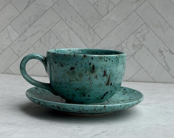 Handmade Patina Blue Latte Cup and Saucer Set, Large 18oz Ceramic Mug, Coastal Coffee Gift