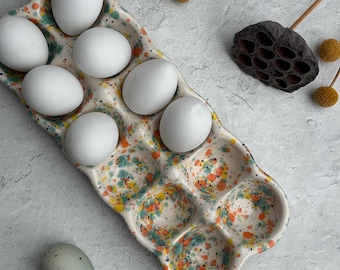 Fruity Freckels Dozen Ceramic Egg Crate – Handmade Colorful Pottery Host Gift Tray