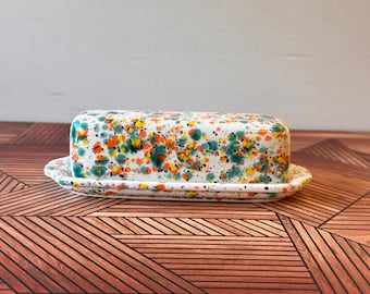 Ceramic Butter Dish: Single Stick Covered Holder in Fruity Freckles